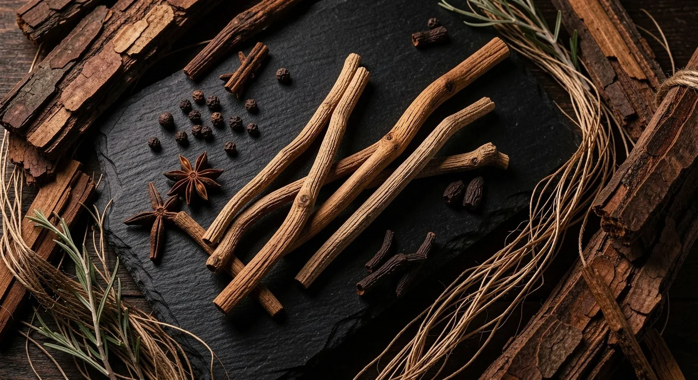 Raw botanical ingredients on dark surface