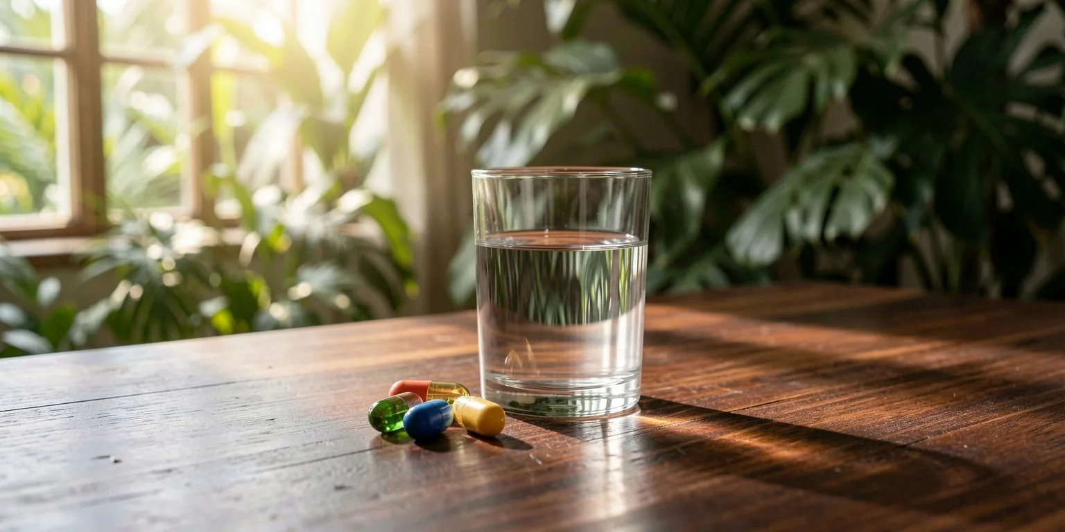 Natural supplement container with raw botanical ingredients in morning light