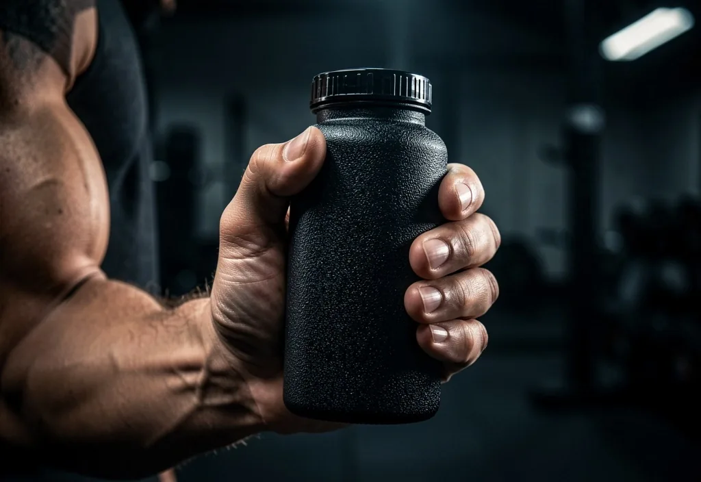 Dark matte supplement container photographed with dramatic lighting