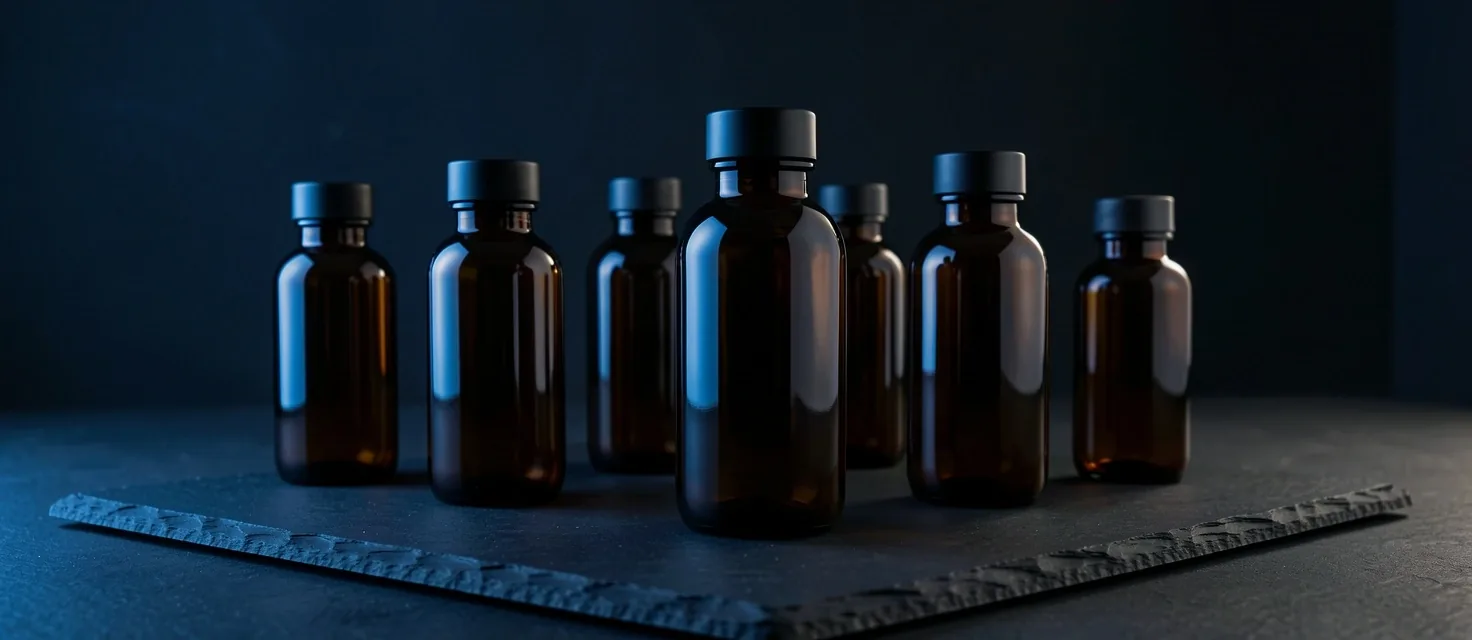 Amber glass bottles with herbal extracts on a dark workspace