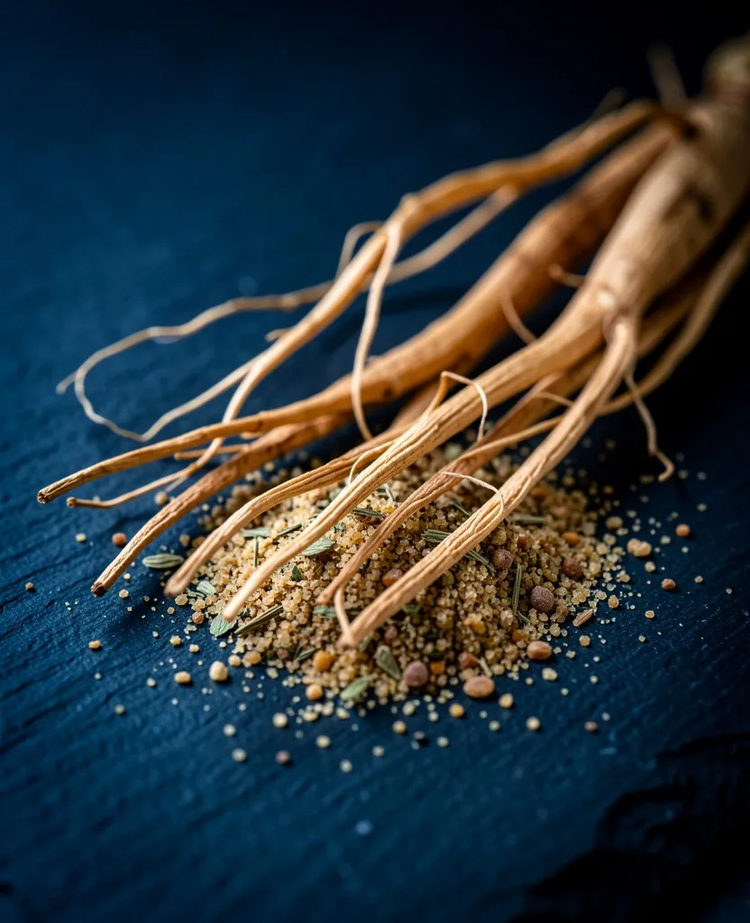 Dried ginseng fibers and ground herbal powder on dark surface