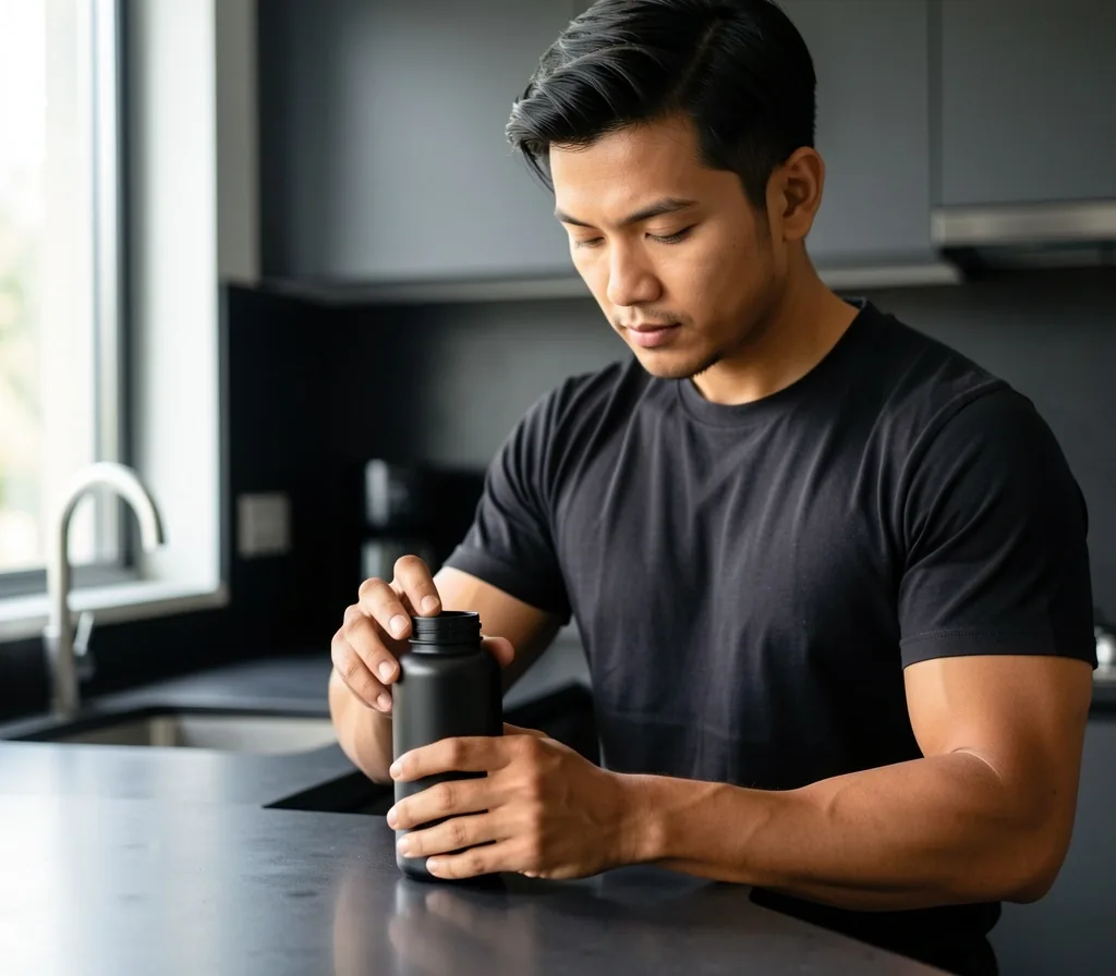 A man preparing his morning supplement routine at a dark kitchen counter