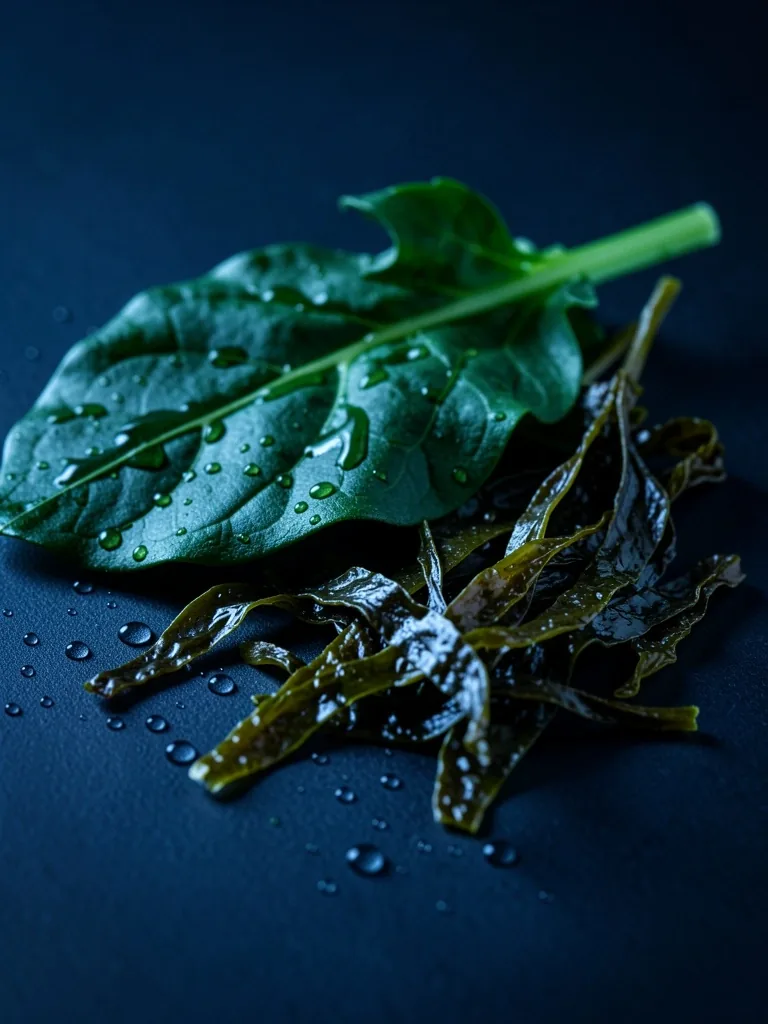 Macro view of calcium-rich leafy greens and seaweed on a dark surface