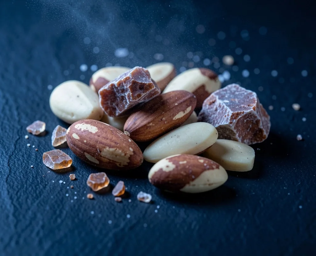 Macro view of selenium-rich brazil nuts on a dark surface