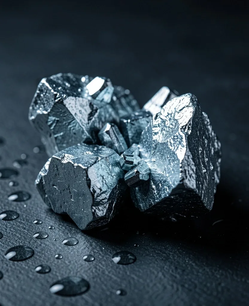 Macro photograph of raw zinc mineral chunks on a dark stone surface