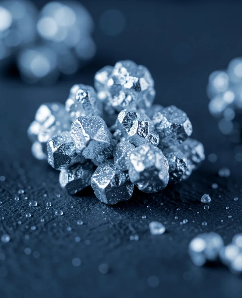 Macro photograph of magnesium mineral crystals on a dark reflective surface