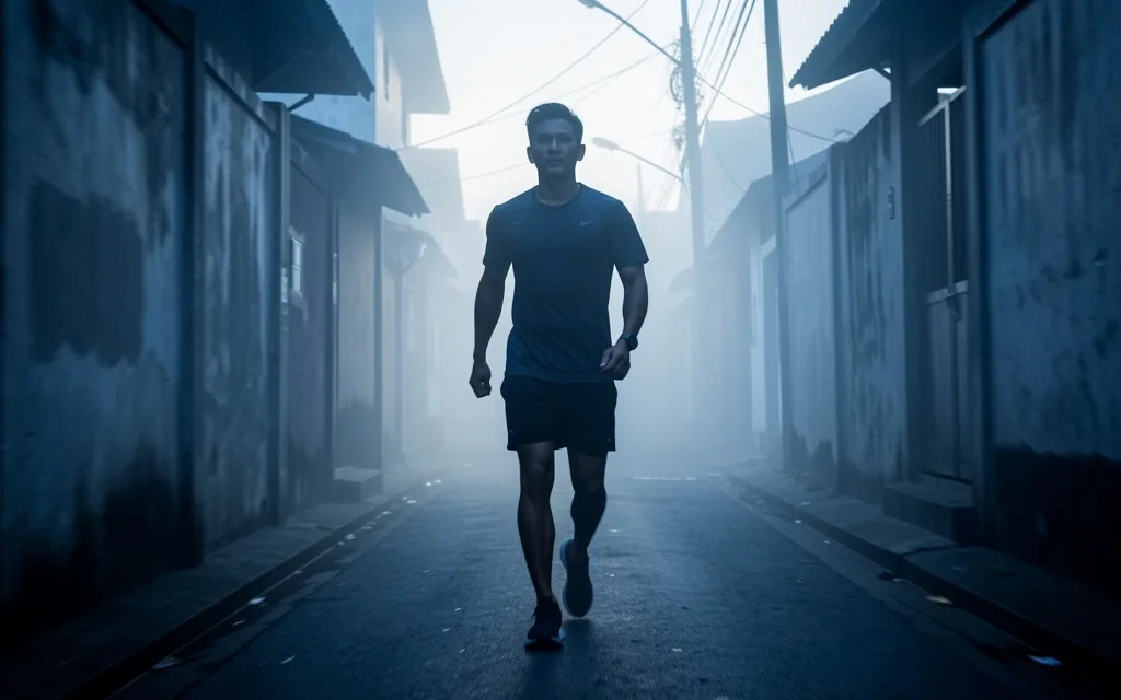 Man walking in Bandung at dawn